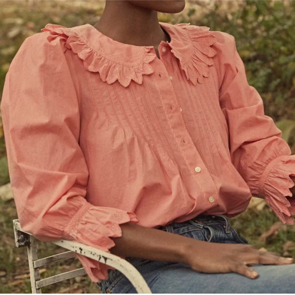 Doen Coral-Peach Ruffle Collar Button-Down Blouse